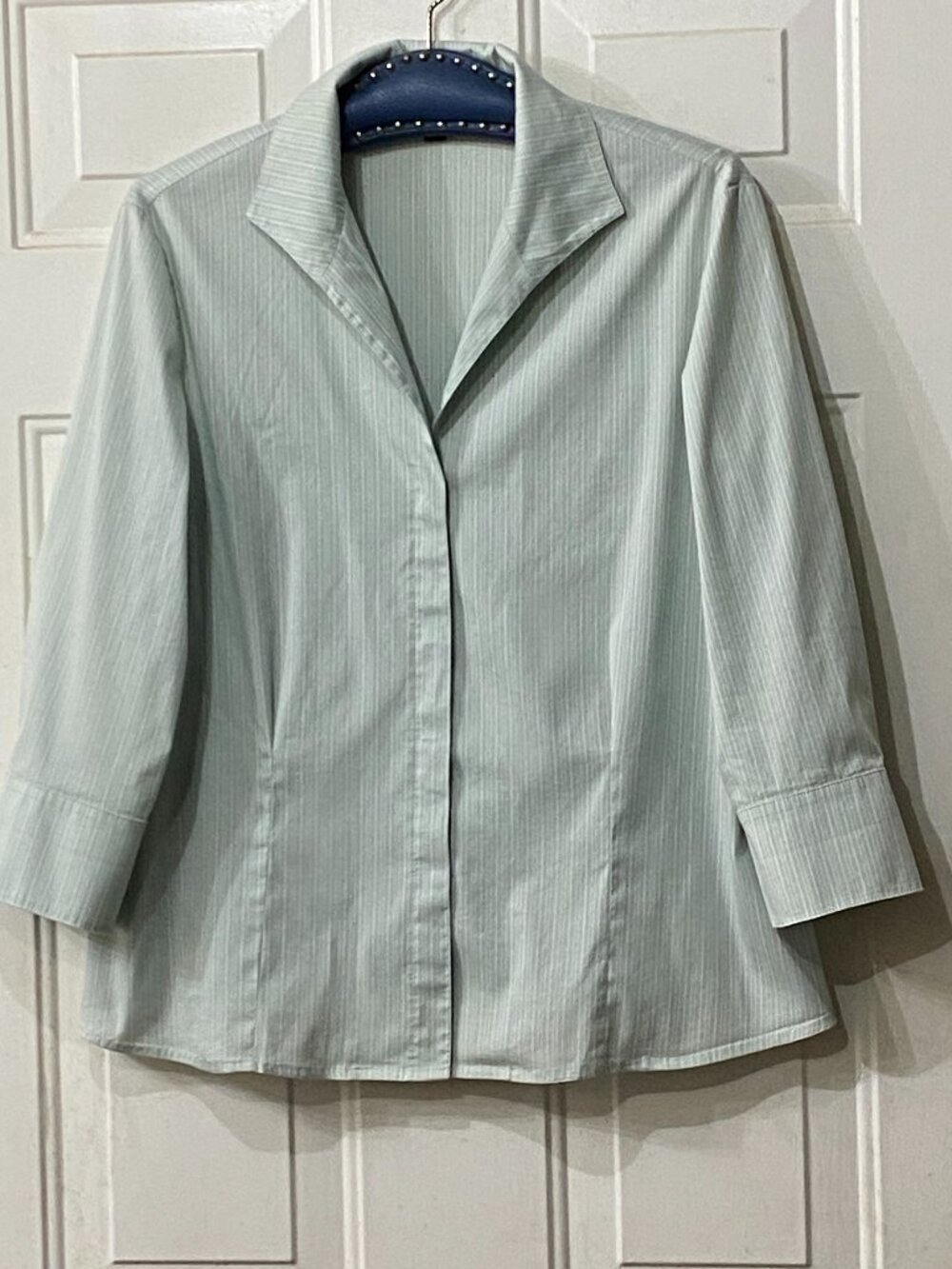 Lafayette 148 Sz 12 Blouse Shirt 3/4 Sleeve Mint/Gray Stretch